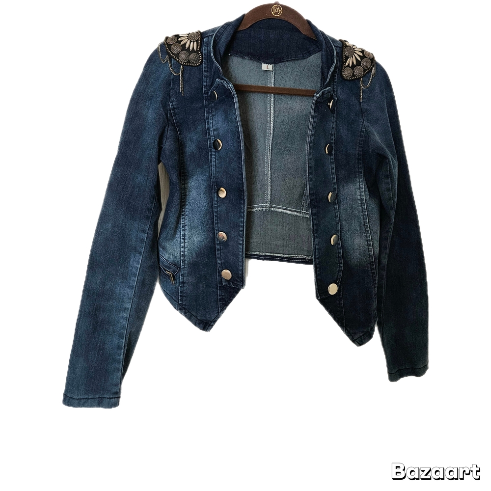 Womens Misses Military Lapel Blue Denim Stone-washed High Low Jean Jacket Sz L